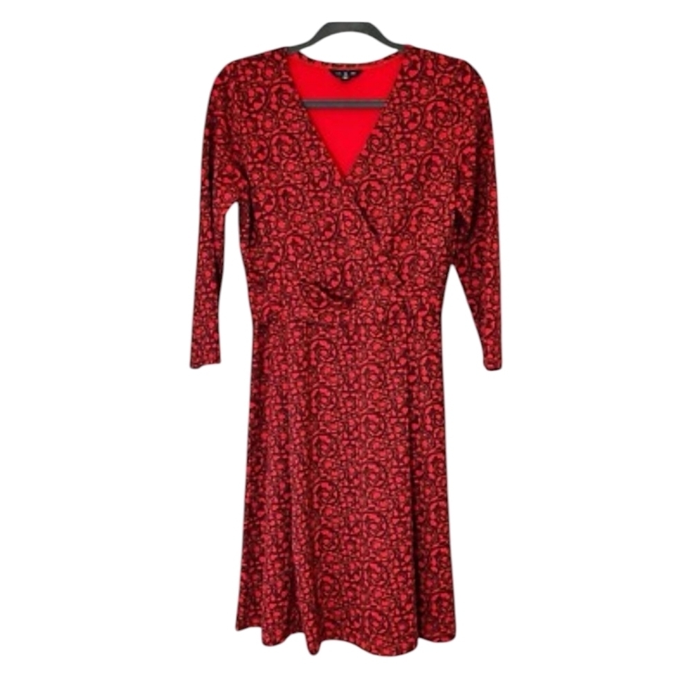 Lands' End Red Dress Moroccan Demure A-Line V-Neck 3/4 Sleeve Cross Over Sz L - Picture 5 of 12